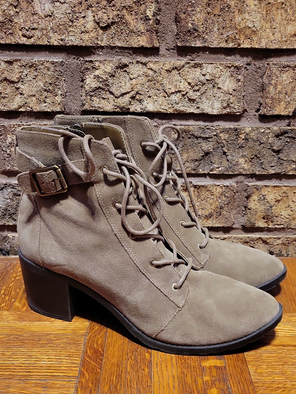 Ann Taylor Taupe Suede Lace-Up & Zipper Ankle Boots Size 11 Leather Fall Casual